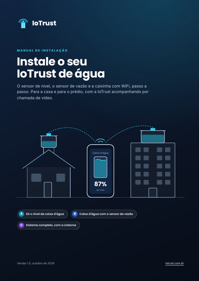 Capa do manual de instalação IoTrust: Instale o seu IoTrust de água, com a casa, o prédio e o celular mostrando o nível da caixa d'água, e as três versões.